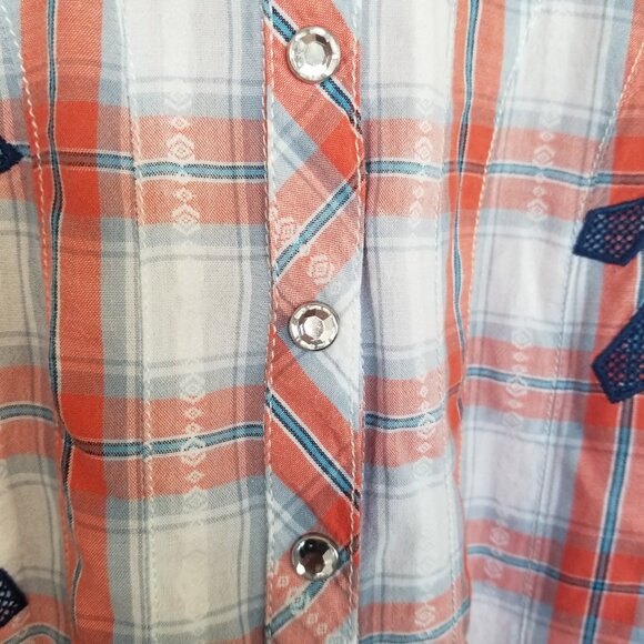 IOM Size S Western Shirt Top Rhinestone Snap Embroidered Orange Plaid Popover - Picture 4 of 10